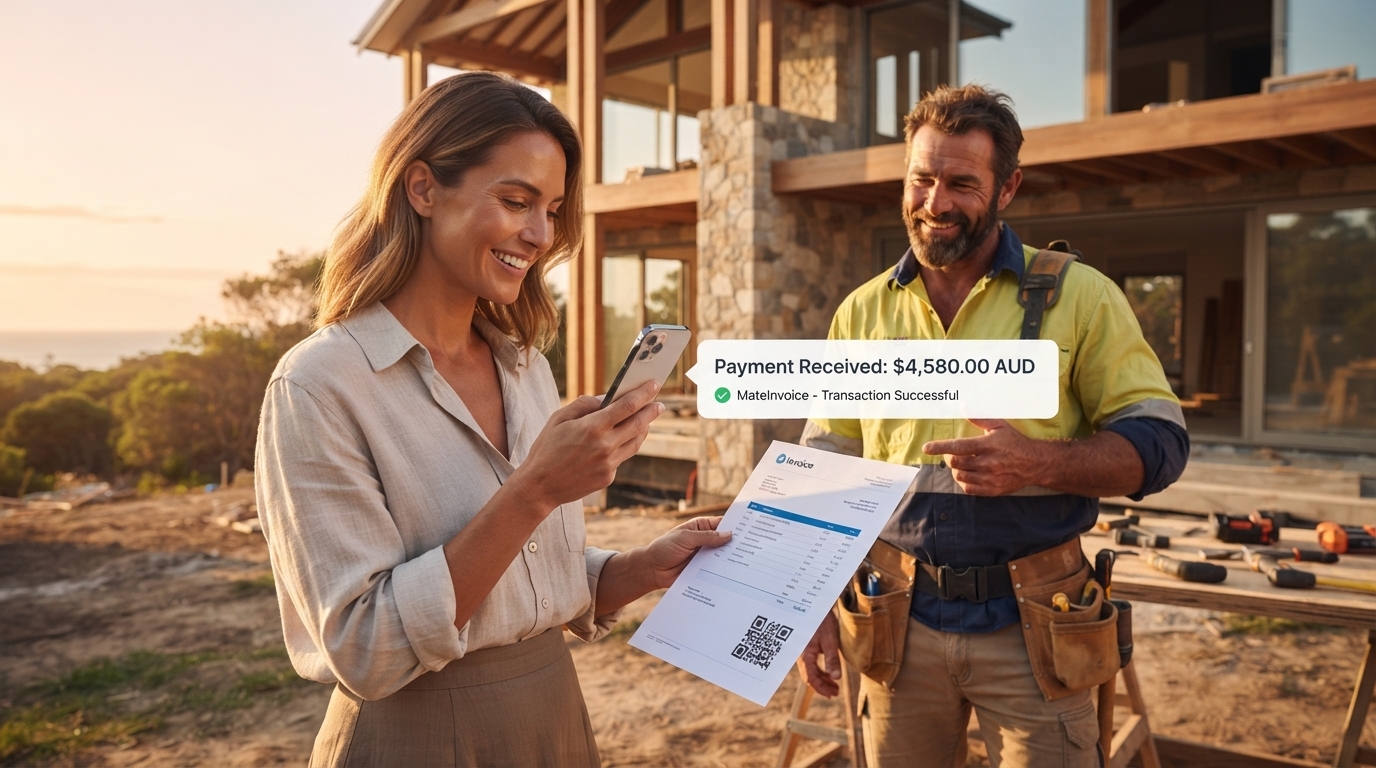 A builder and client on site seeing a payment received on MateInvoice