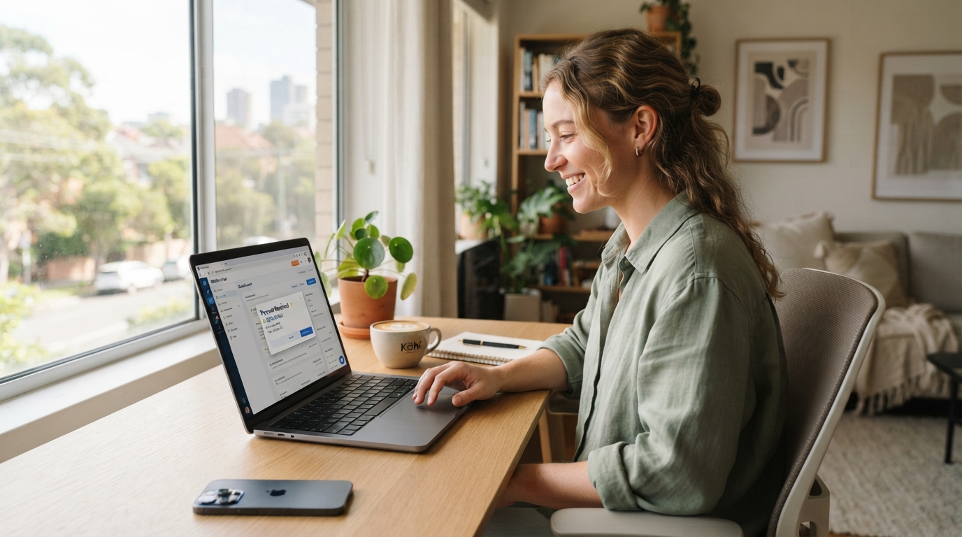 Tradie business owner using MateInvoice's AI features on a laptop